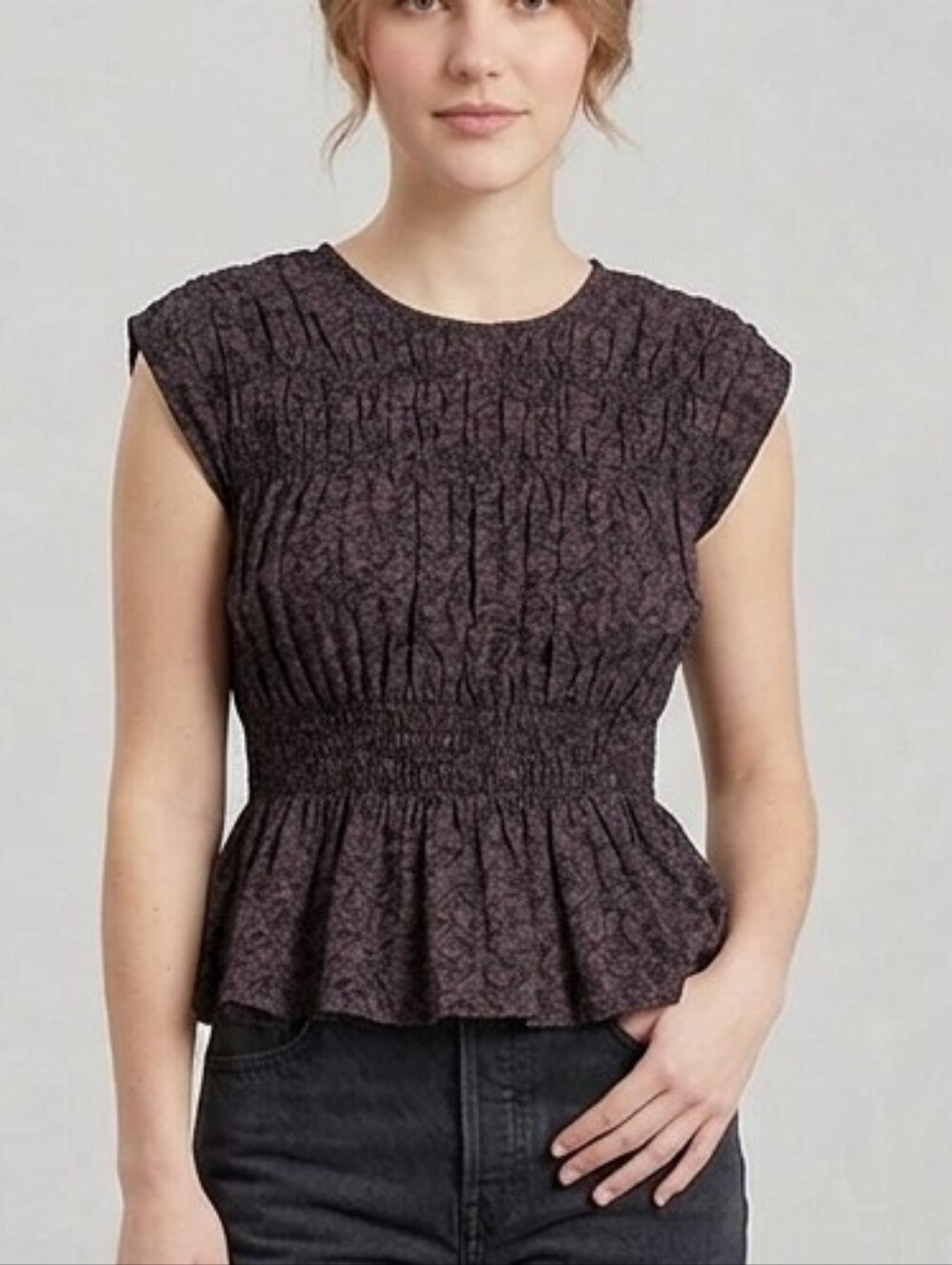 Smocked Peplum Cap-Sleeve Top - Dark Brown Sz Size XL - Picture 3 of 3